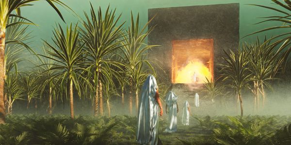 Figures in cloaks approach a glowing, monolithic structure in a misty, lush landscape.