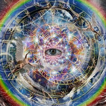 Surreal cosmic scene with a central eye, winged figures, clocks, and rainbows.