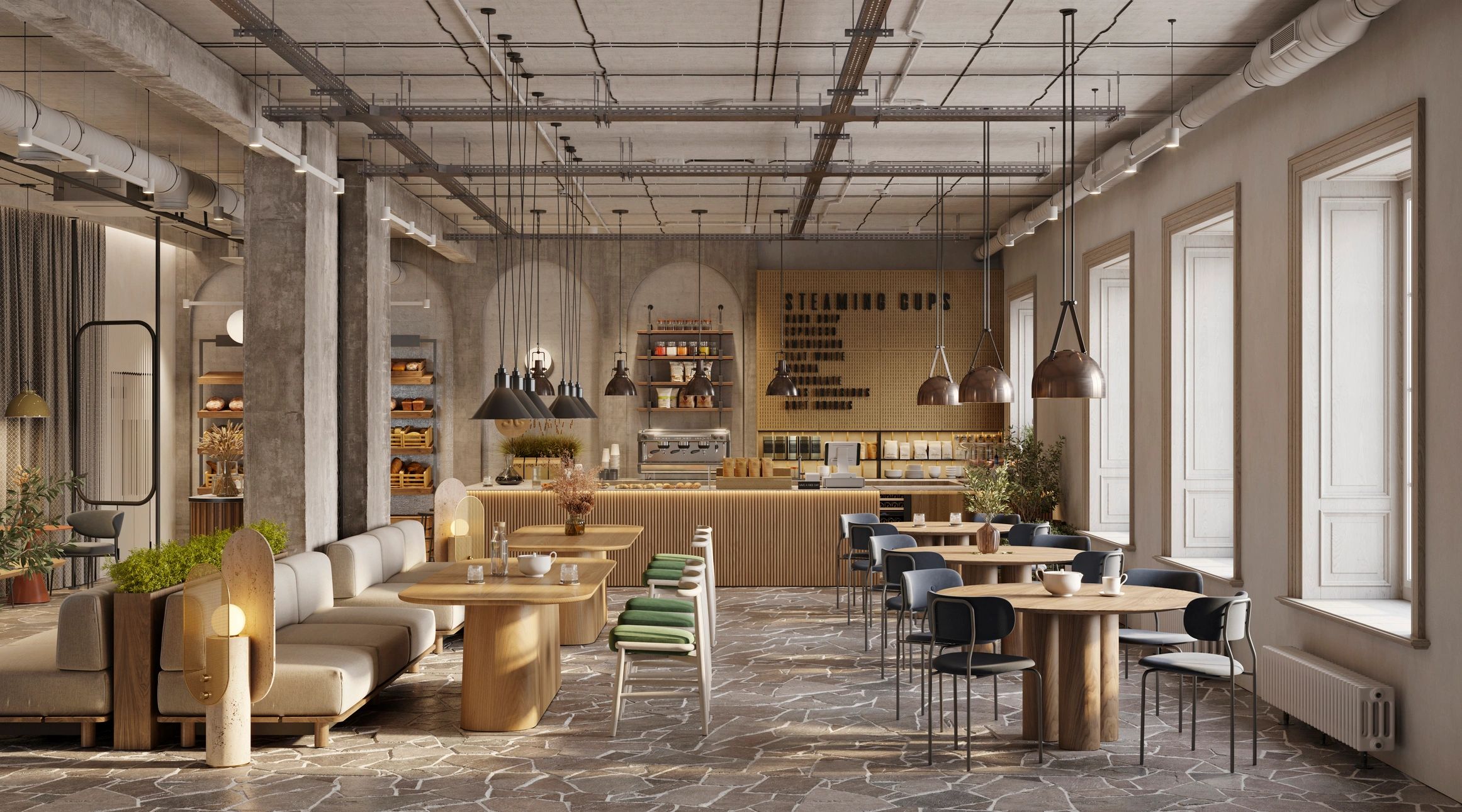 Modern industrial-style coffee shop interior with wooden tables and pendant lights.