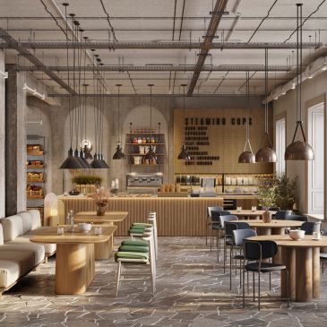 Modern industrial cafe interior with wooden furniture and pendant lighting.