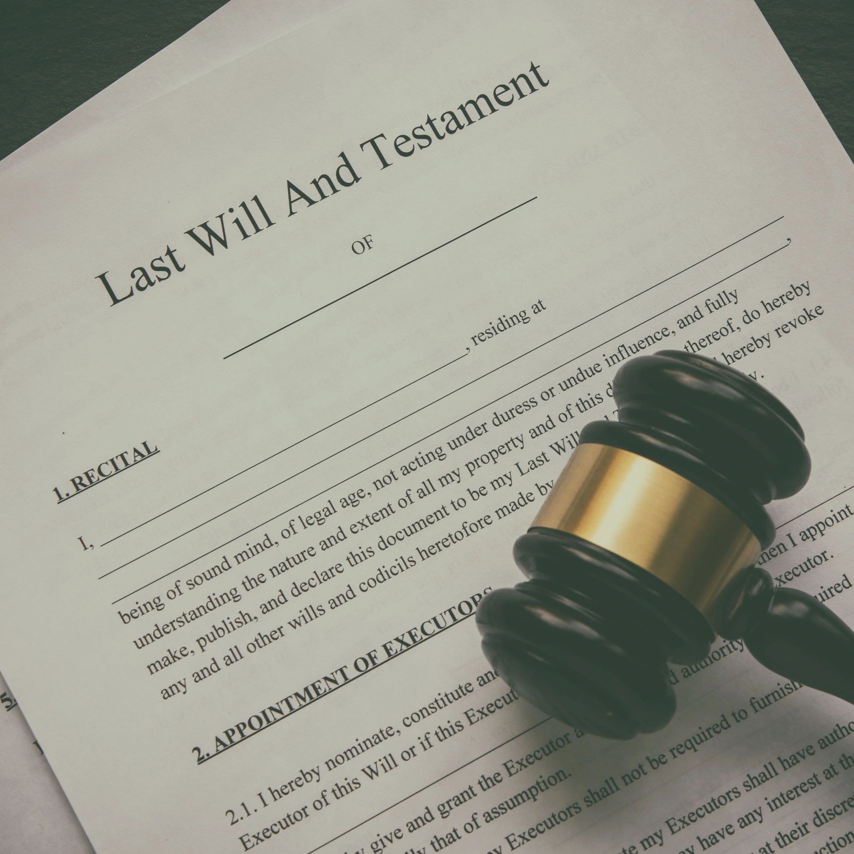 Last Will and Testament document with a gavel.