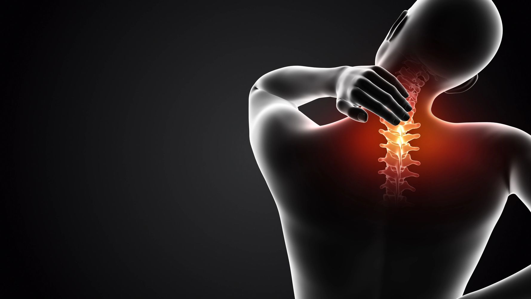 Illustration of neck pain with highlighted cervical spine.