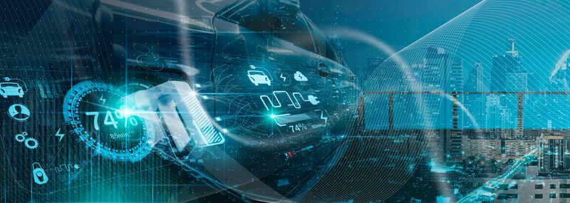 Double exposure Electric vehicle EV car Power cable wirh pump plug in charging power to electric vehicle EV car on virtual modern technology UI control information display,innovation alternative sustainable eco energy.