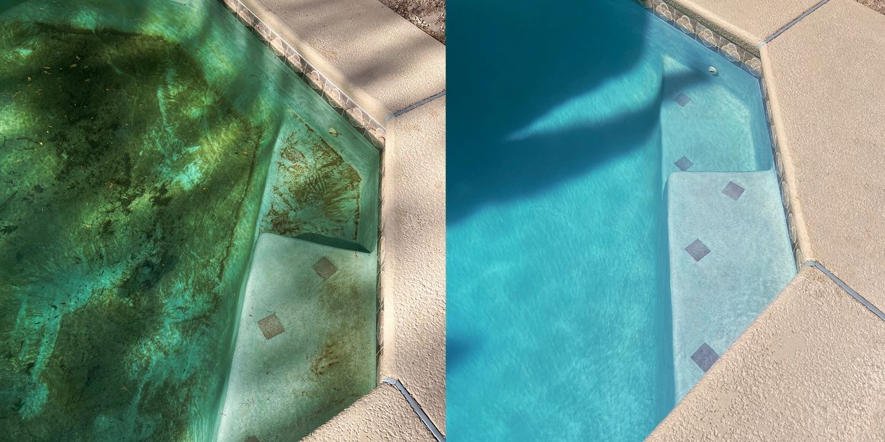 Before-and-after of a green algae-filled swimming pool next to same pool back to clear blue water