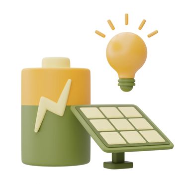 Battery, solar panel, and light bulb icon representing renewable energy.