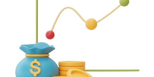 3D illustration of a money bag, coins, and a rising financial graph.