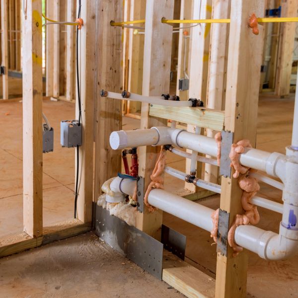 Exposed plumbing pipes in building framework.