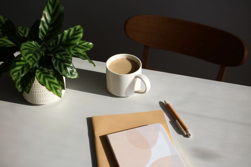 Aesthetic modern home office desk table with paper notebooks, pen, cup of coffee, green plant. Feminine workspace at sunset.