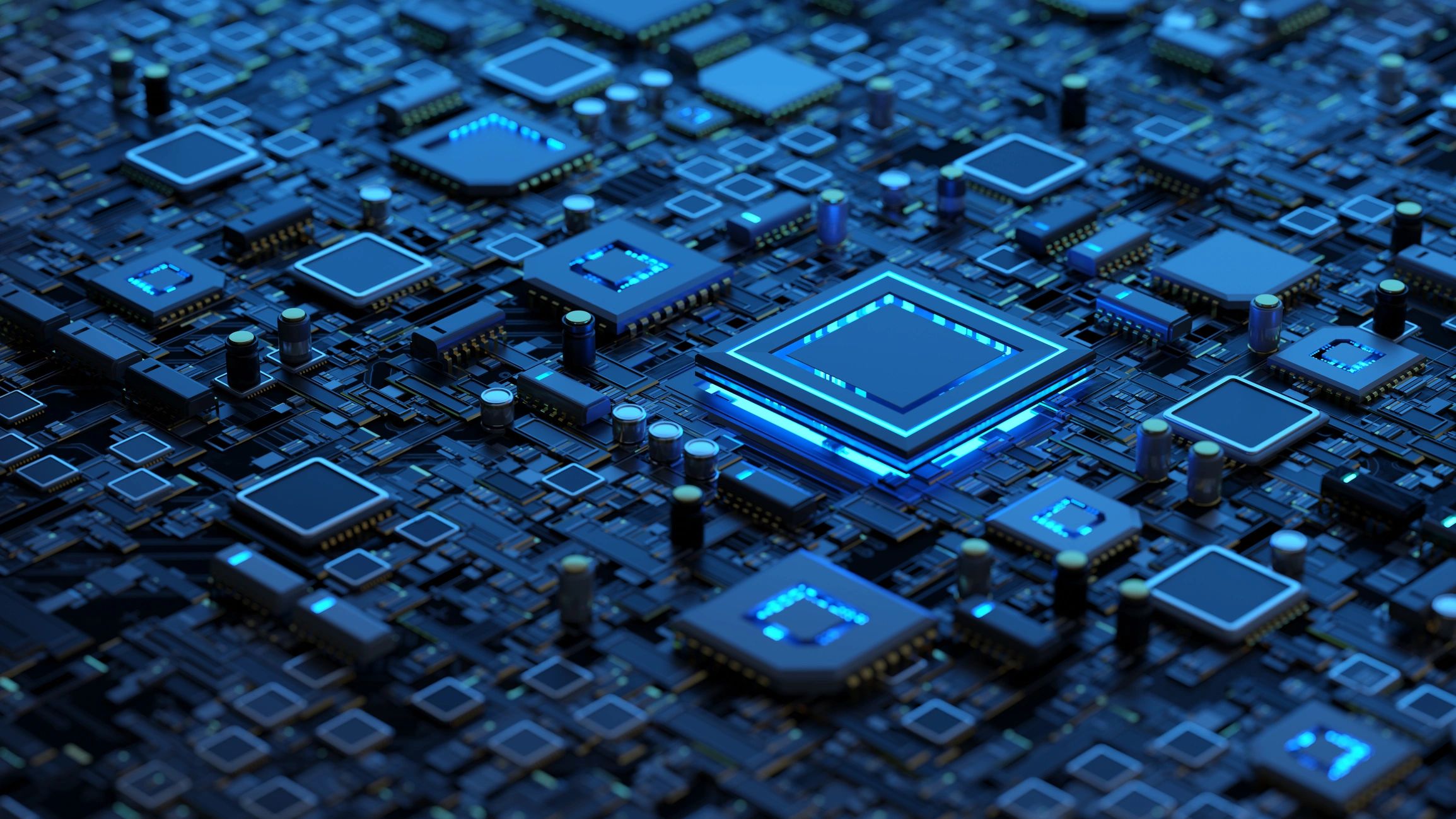 Blue illuminated computer chips on a circuit board.