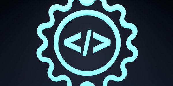 Glowing blue code symbol inside a wavy gear icon on dark background.