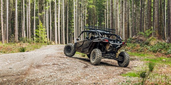 Off-road vehicle on a forest trail.