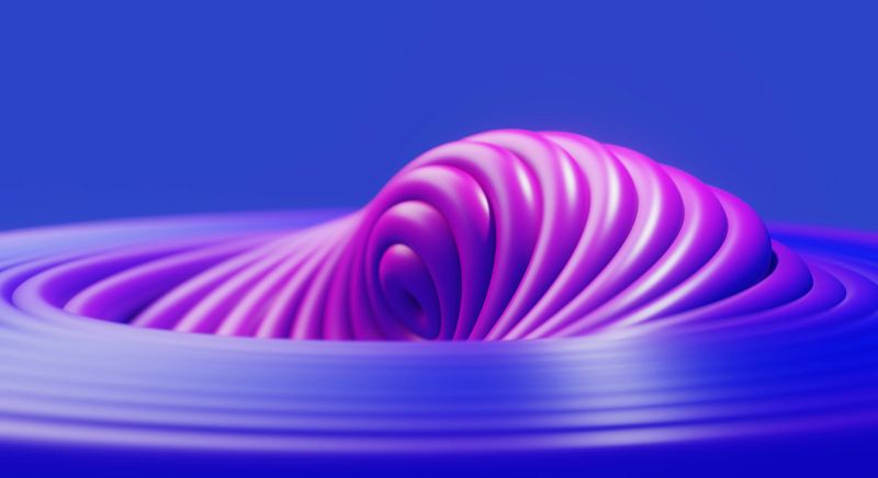 Hypnotic disco spinning rings. Abstract pink glossy rings twirl changing shape. 3D blurred gradient decoration background.