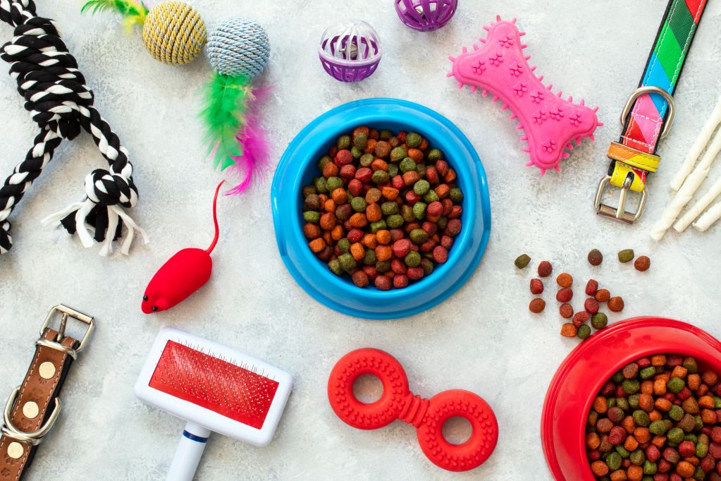 Various colorful pet toys and food bowls on a gray surface.