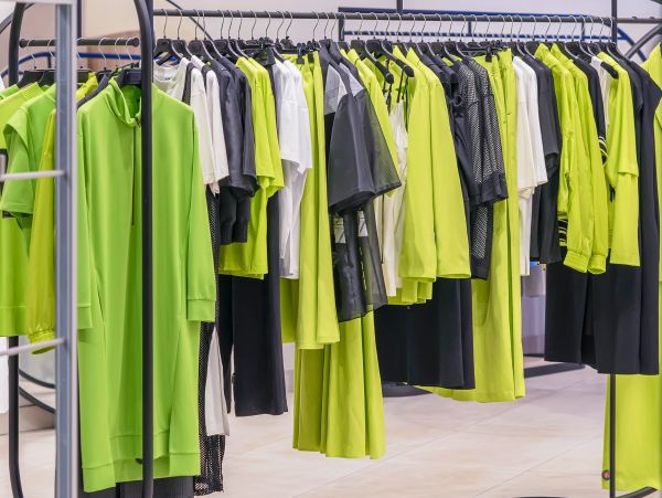 Clothing rack with neon green, black, and white apparel neatly arranged.