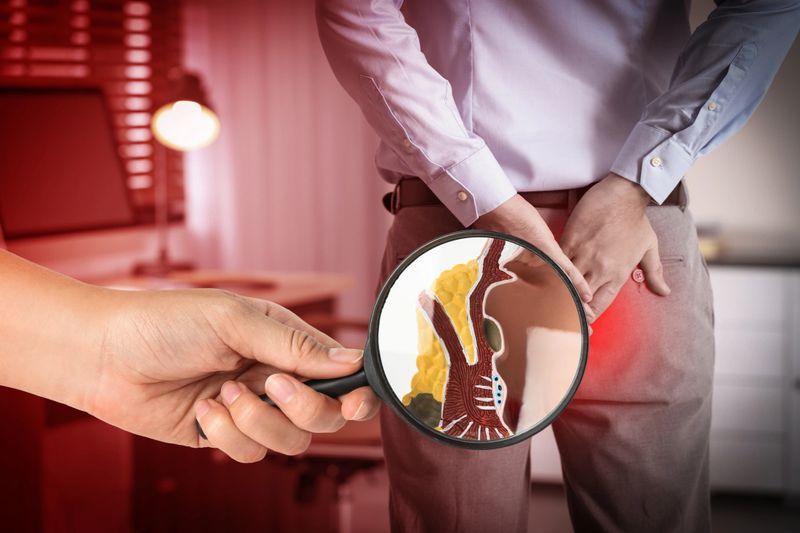 Woman showing rectum with hemorrhoids through magnifying glass, closeup. Man suffering from pain indoors