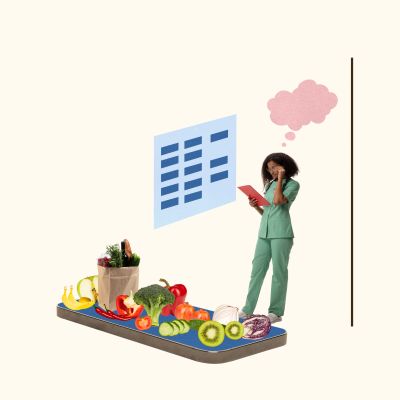 Woman thinking about meals with fresh fruits and vegetables on a giant smartphone.