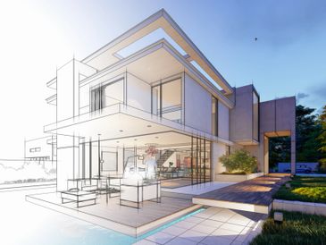 Modern house design blending architectural sketch and finished look.