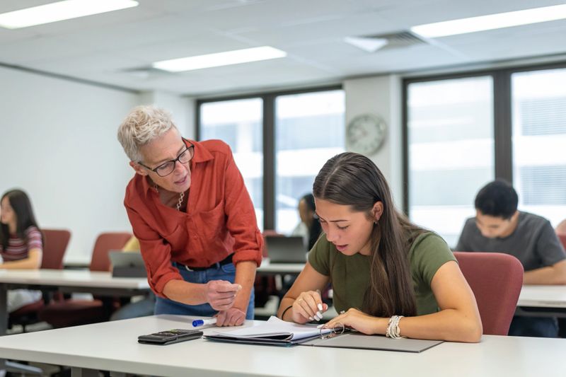 A mature adult female teacher helps a teenage female student of Eurasian descent with a school assignment she is completing during class.