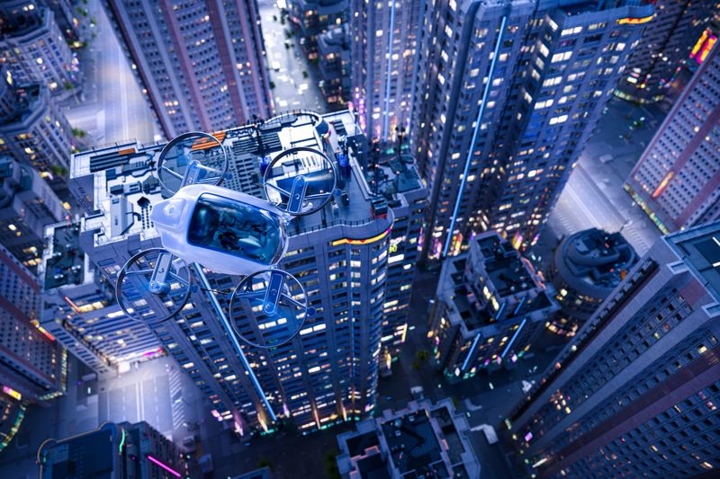 These aircrafts use battery power to lake off, hover, and land, so their electric power has the chance to change how we think about green transportation in the future. They can be used to transport people and cargo.3D rending.