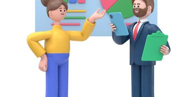 Two animated characters discussing data with charts in the background.