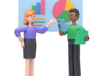 Two animated characters discussing data charts and reports.