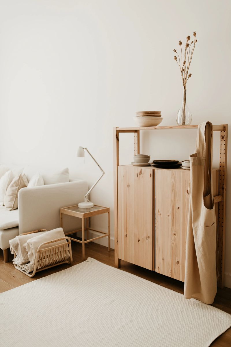 Ceramic plates and bowls on the cabinet, white lamp on a stool and dried flower decoration on the shelf. Tidy and minimal home interior.