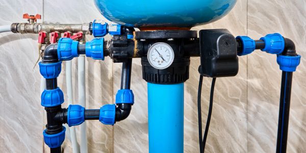 Water pressure tank with gauges and blue pipes.