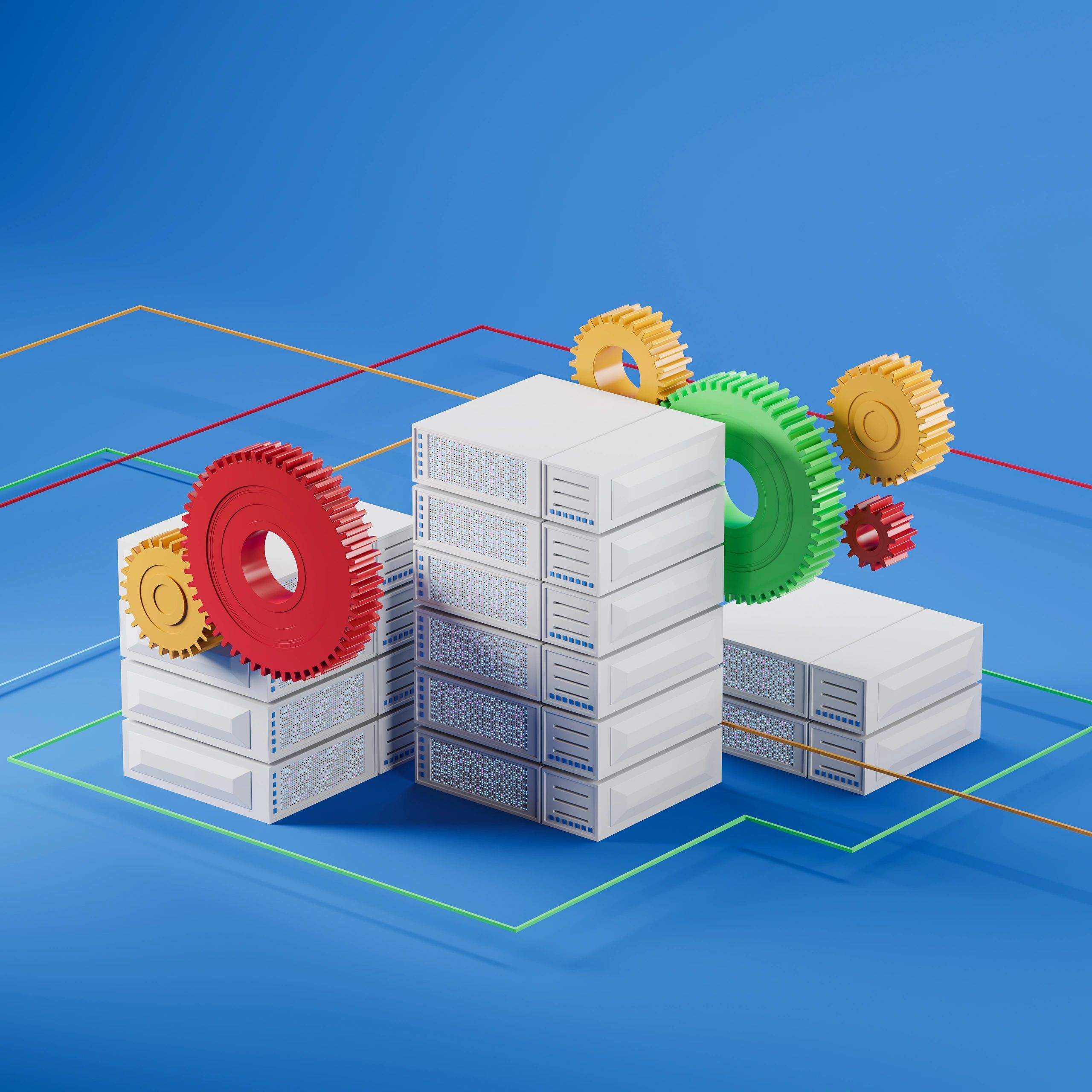 3D servers with colorful gears and circuit lines on a blue background.
