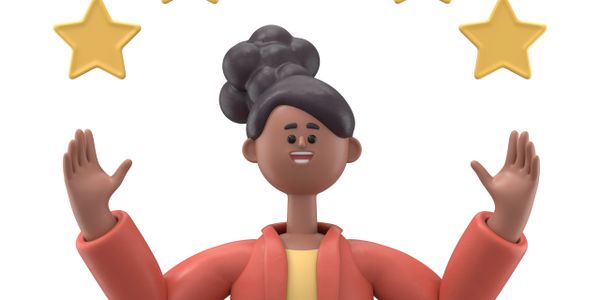 3D woman with five gold stars above her head expressing satisfaction.