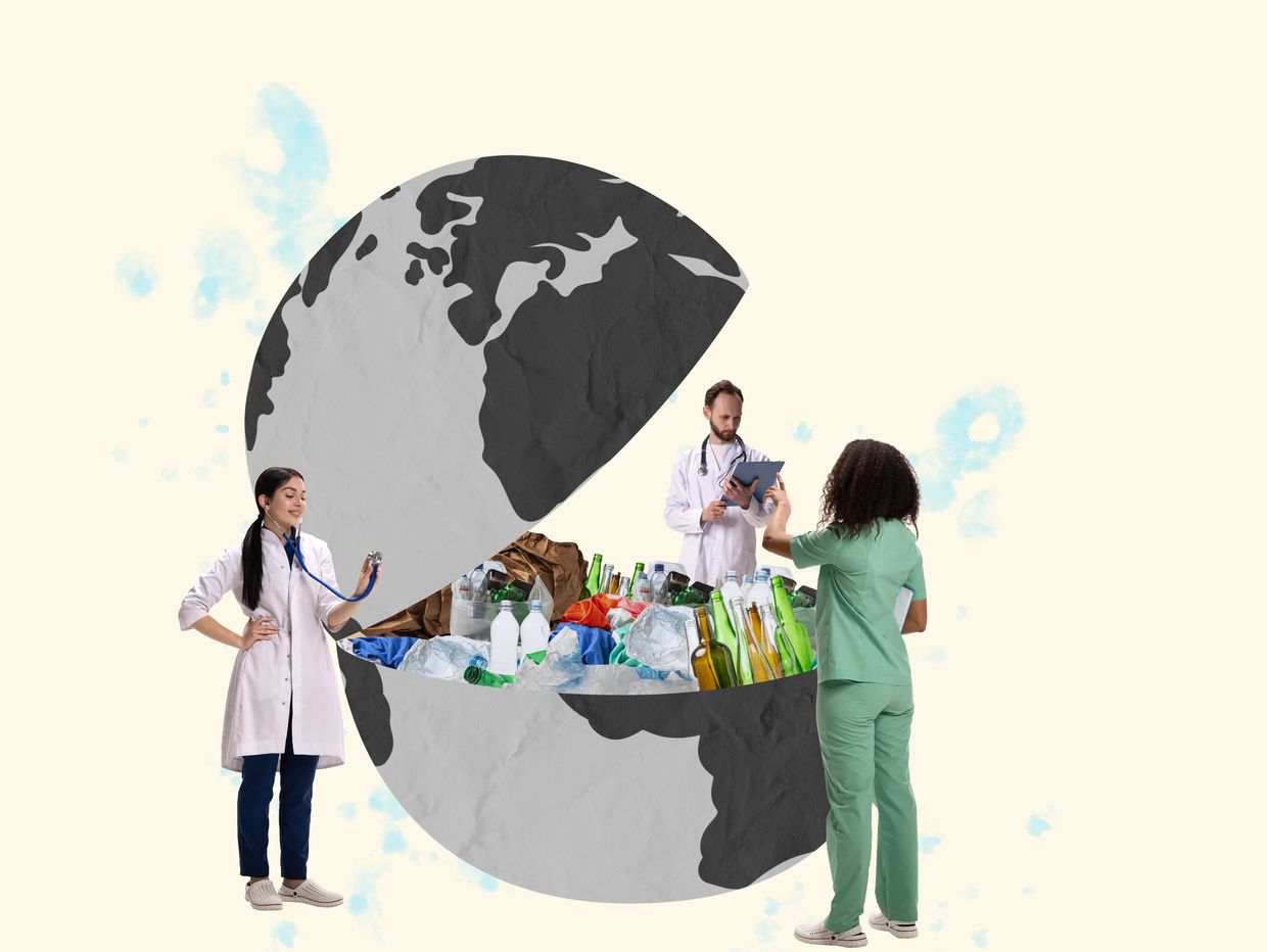 Doctors examining the Earth's health filled with plastic waste.