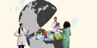 Doctors examining the Earth's health filled with plastic waste.