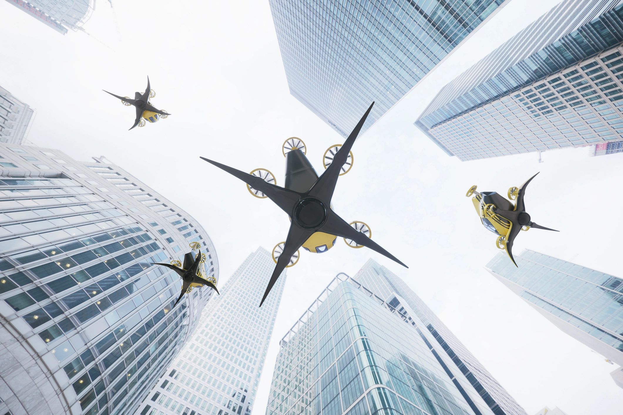 Futuristic flying drones soaring between skyscrapers in a city.