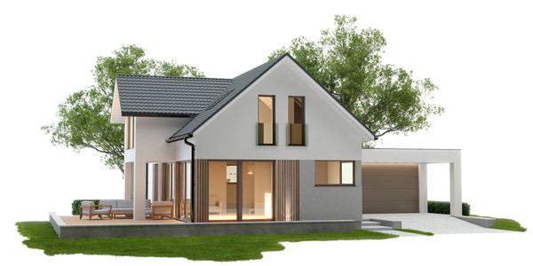 Modern two-story house with a patio and garage surrounded by grass and trees.