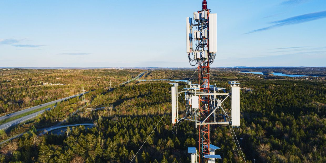 Torres de telecomunicaciones sobre un bosque.