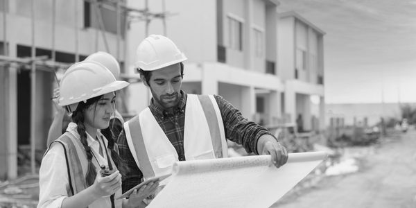 Engineers examining building plans at construction site.