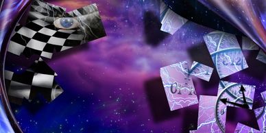 A surreal cosmic scene with floating clocks, checkerboard patterns, and an eye.