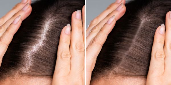 Comparison of a scalp with dandruff and a clean scalp.
