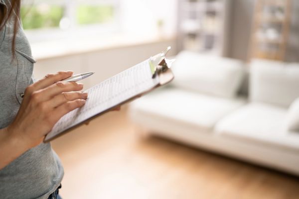 Person holding a pen and clipboard, writing notes indoors.
