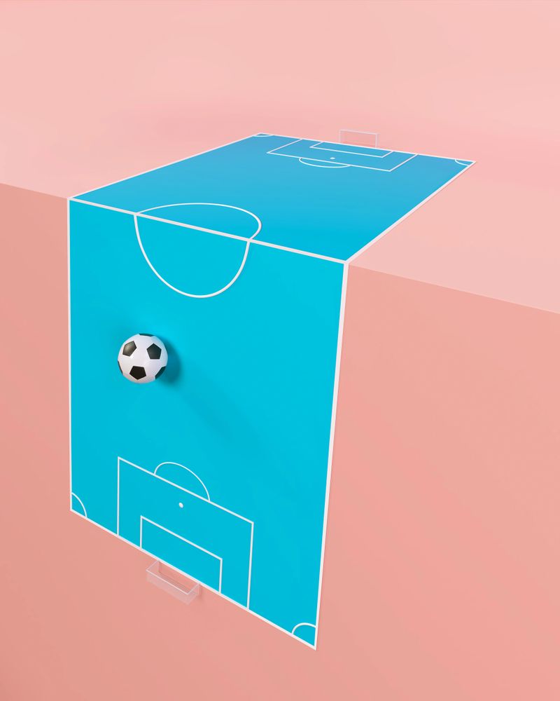Minimal 3D Illustration concept of soccer field with the ball in the football goal. Play and win. Pastel background.