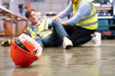 Workplace accident with fallen worker and helmet on floor.