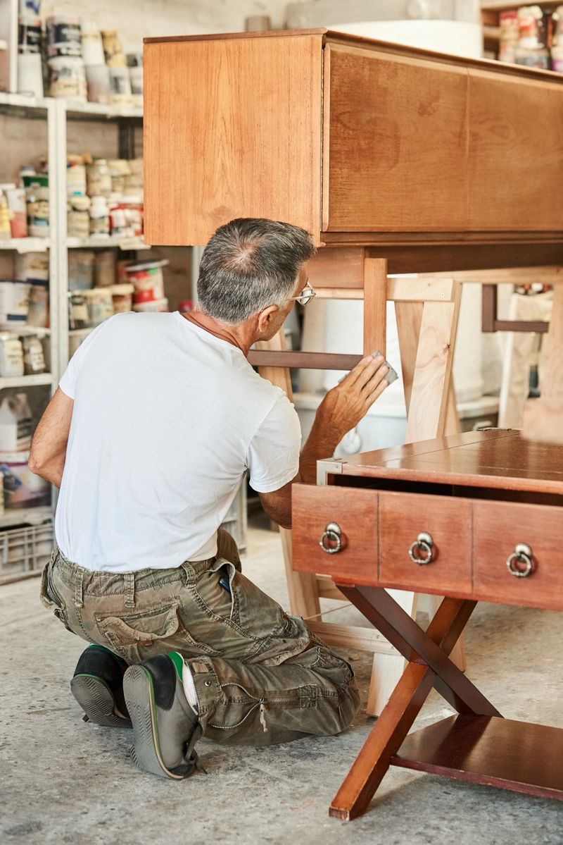 Experienced carpenter polishing old wooden chest cabinet leg while working in his workshop