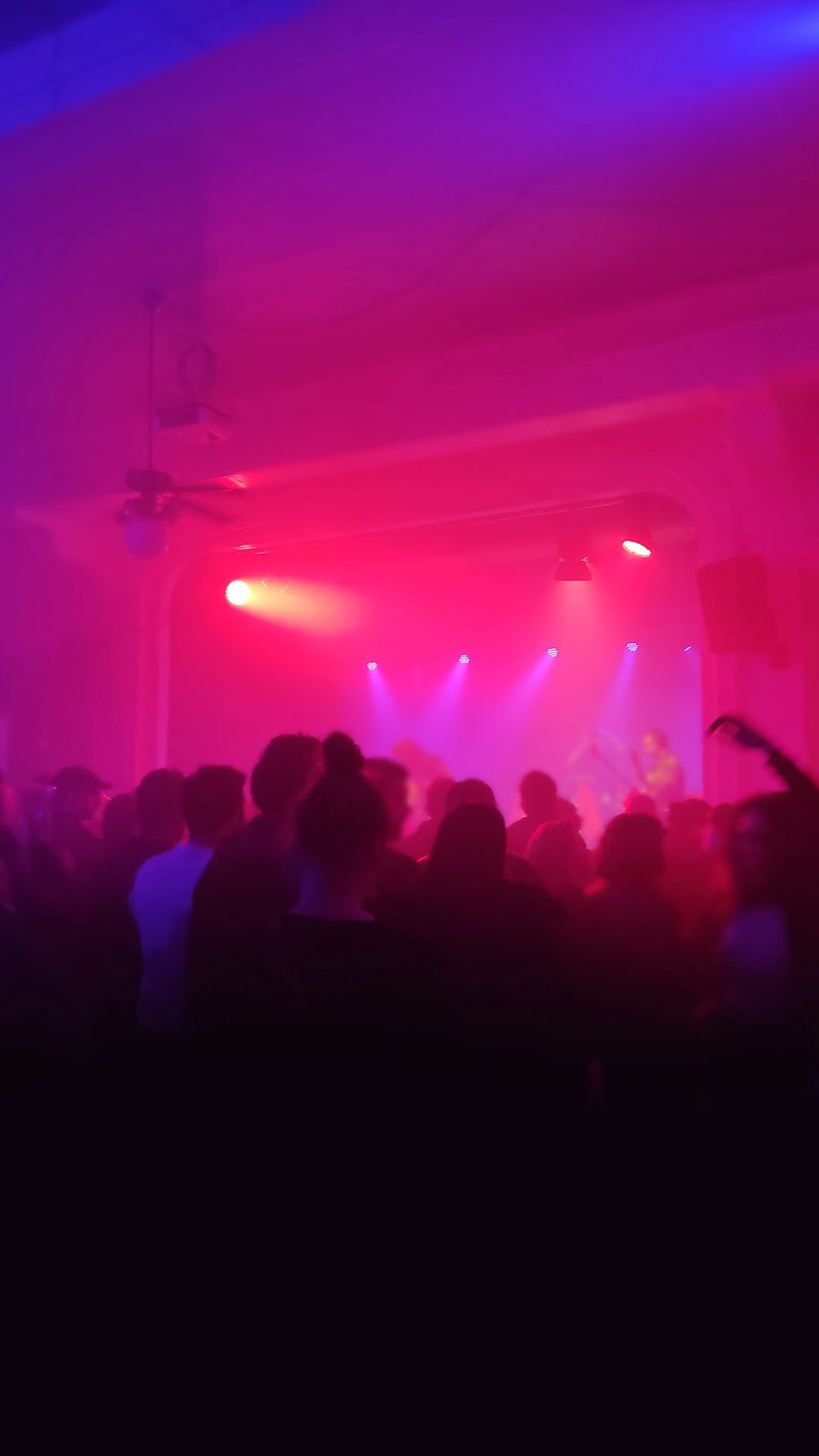 Back view of a crowded unrecognizable audience on a music festival with their arms raised. Pink and violet lights in night club