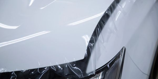 Close-up of white car being wrapped in protective film.