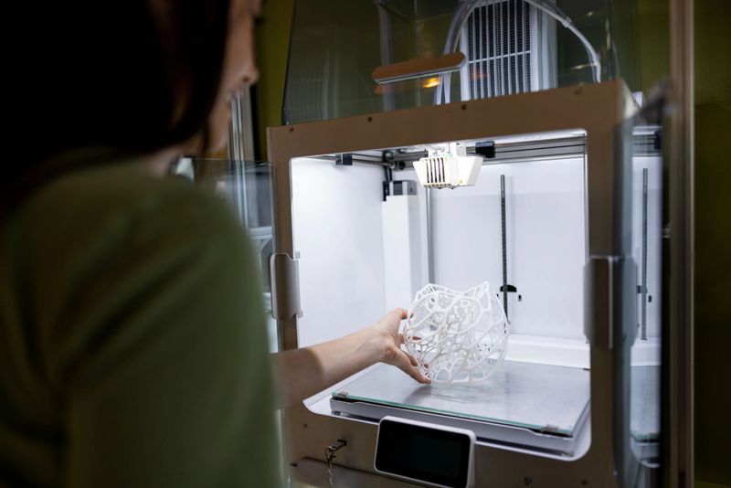 Close-up on a woman taking out a 3D printed design from the printer