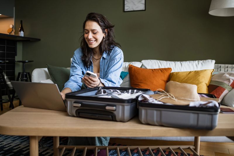 Young woman shopping online flight tickets on airline website via laptop. Travel planning. Booking a holiday online.