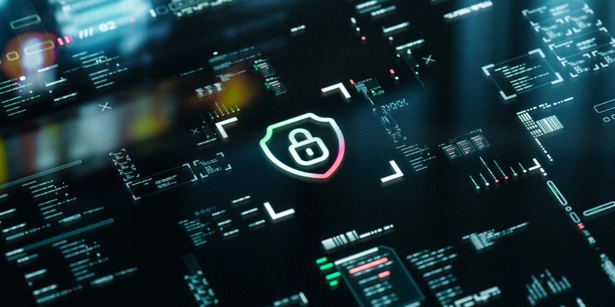 Digital security shield icon on a futuristic interface.