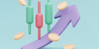 Colorful 3D candlestick chart with an upward arrow and floating coins.