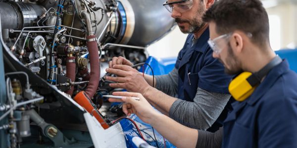 Two technicians working on machinery with precision.