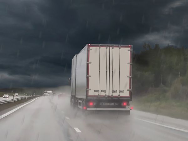 A truck driving on a rainy highway under dark stormy skies.