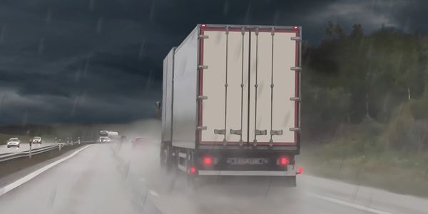 A truck driving on a rainy highway with dark stormy skies.